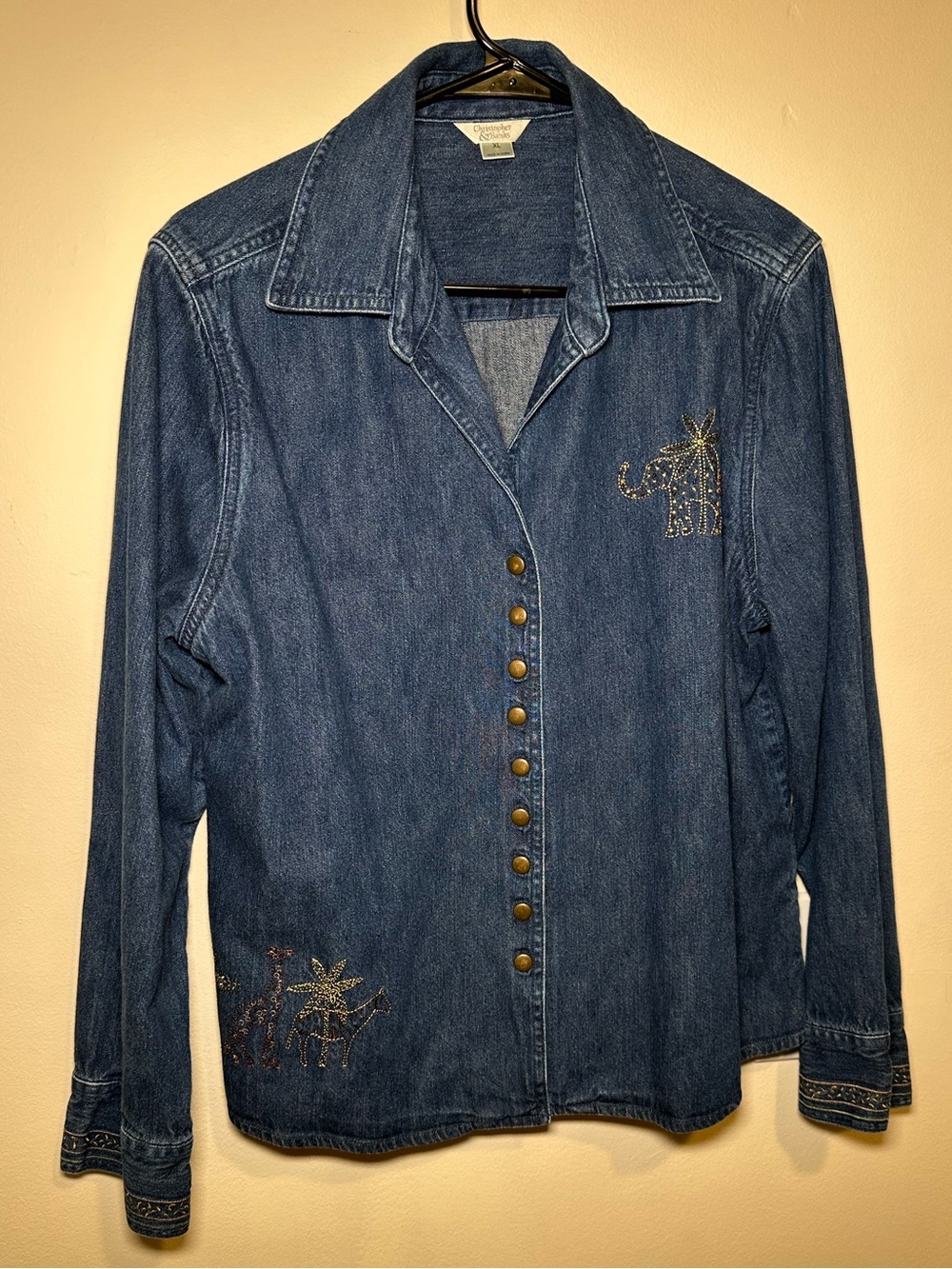 Vintage embroidered denim jacket - whimsical safari theme- size XL